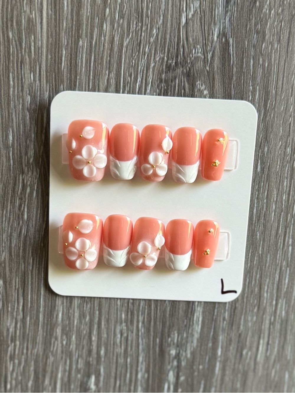 Peach Floral Press-On Nails with White Tips